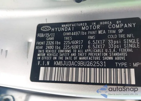 2011 Hyundai Tucson Gls z USA, uszkodzony, nr VIN KM8JU3AC9BU262531